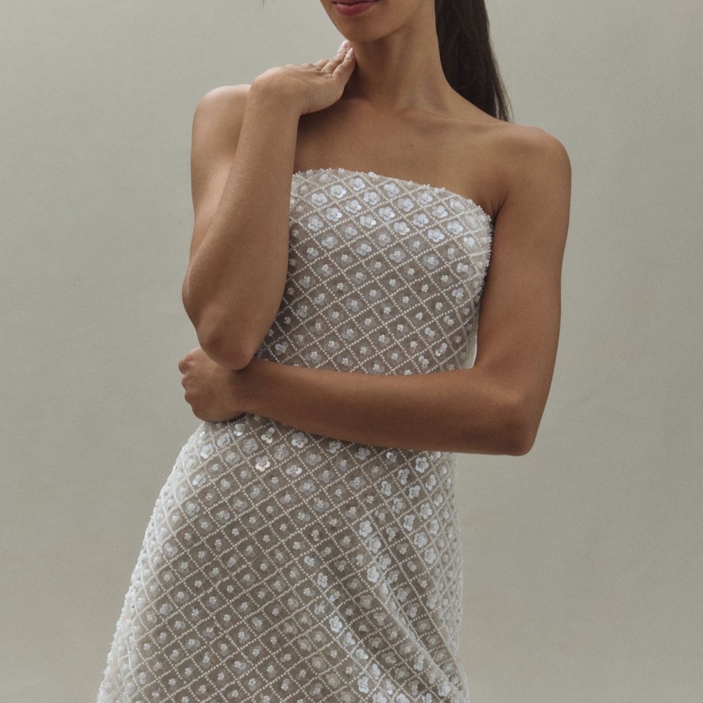 Watters White Strapless Sheath Dress for Weddings